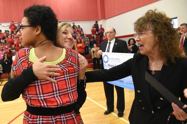 Slippery Rock 2017 Melanie Cole hugs student