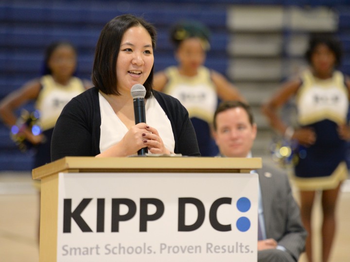 State Superintendent Hanseul Kang at Milken Educator Award notification Jessica Cunningham