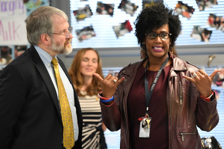 Tiffany Tynes Curry Paolo DeMaria in classroom