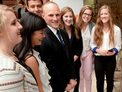 Tobin Schultz and students talk to press